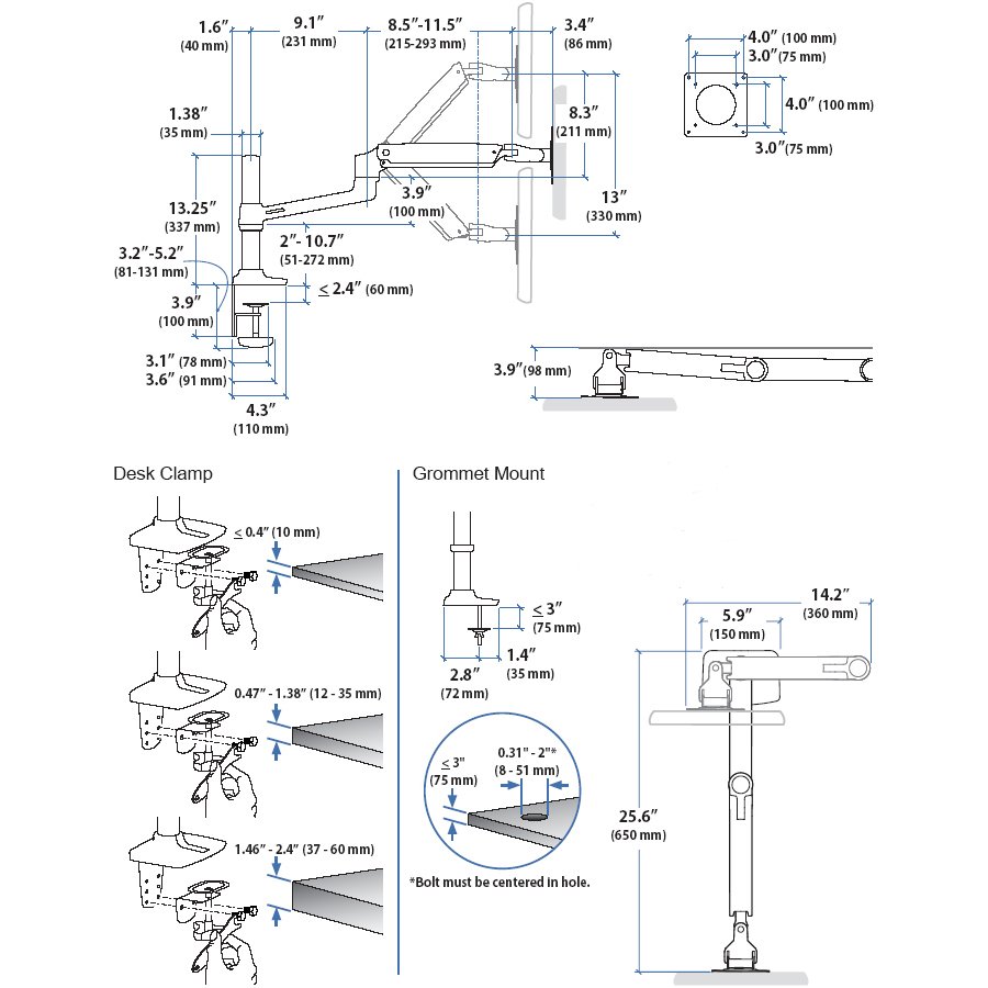 Technical drawing of Ergotron 45-295-026 Desk Mount Monitor Arm