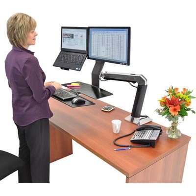Inused image of Ergotron 24-273-026 WorkFit-A LCD & Laptop Sit-Stand Workstation with Worksurface (polished aluminum/black)