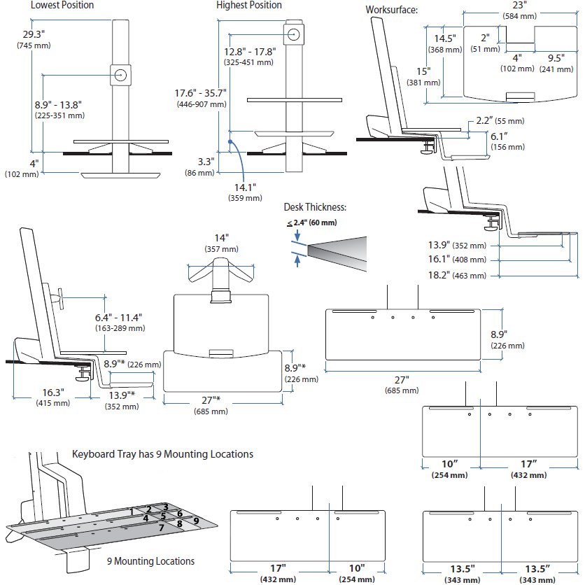 Technical drawing of Ergotron 33-350-200 WorkFit-S