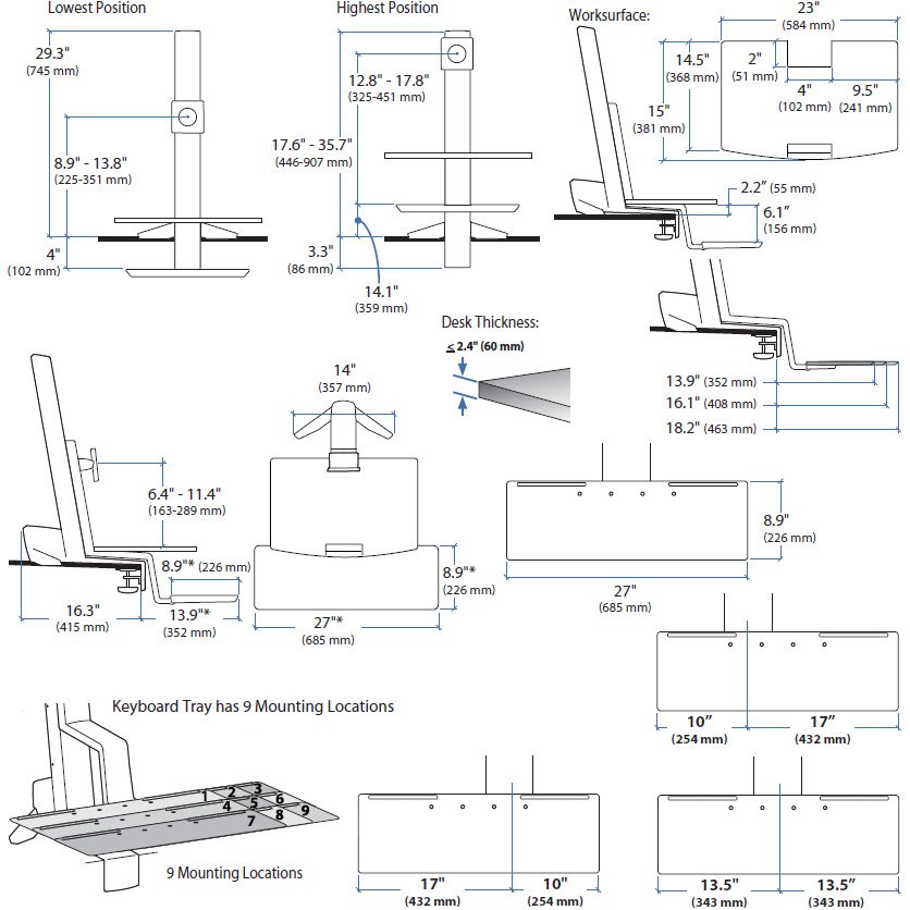 Technical drawing of Ergotron 33-350-200 WorkFit-S