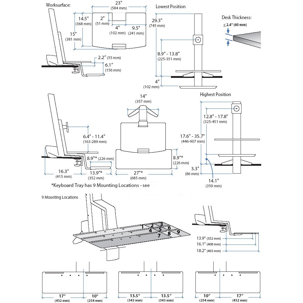 Technical drawing of Ergotron 33-351-200 Sit-Stand Workstation