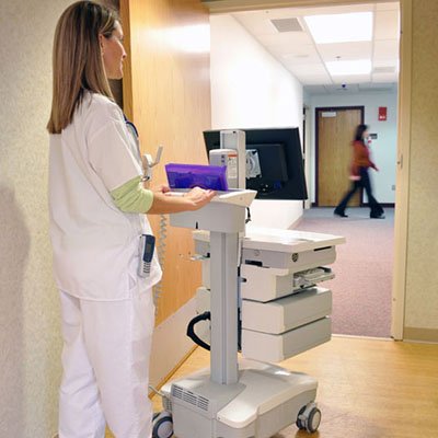 Rolling Image of Ergotron SV32-6341-1 StyleView PHD Healthcare LCD Cart with 4 Drawers and Powered (white/grey)