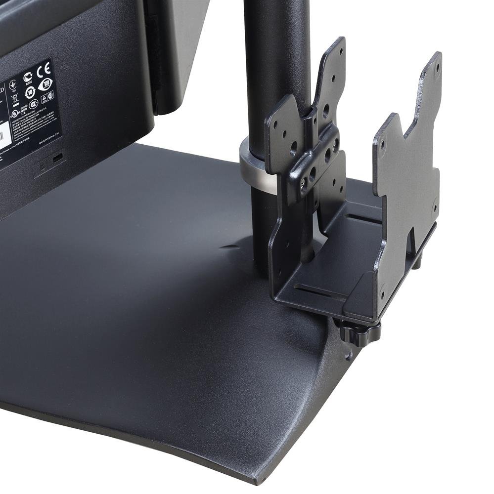 Ergotron 80-107-200 Thin Client Mount at the base of a Monitor Stand