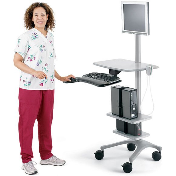 Zido Pole Cart supports Kim's dual-monitor setup with ease. The retracting caddy pulls out when you need it.
