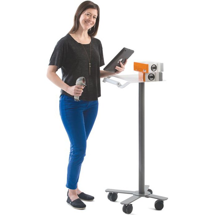 Lightweight, with a surprisingly small footprint (18”w x 17”d), this portable fixed-height laptop stand is extra-nimble. Maggie can take her kiosk wherever it’s needed.