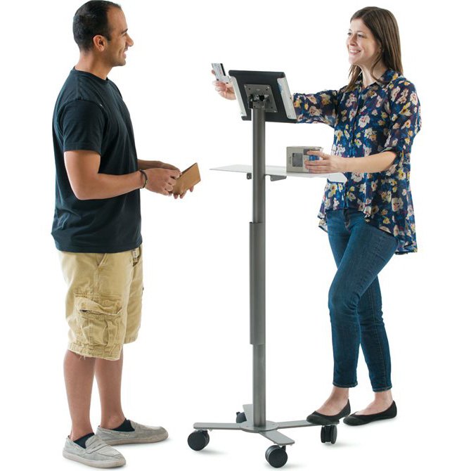 Lightweight, with a surprisingly small footprint (18”w x 17”d), this mobile fixed-height iPad or tablet stand is extra-nimble. Maggie can take her kiosk wherever it’s needed.
