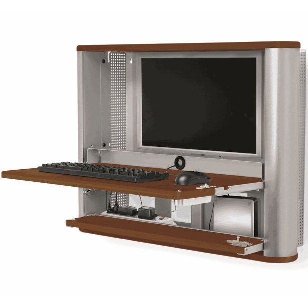 The eNook Pro comes with a ventilated steel frame, code lock, monitor rail, 6 cable clips, and metal keyboard/mouse cubby.