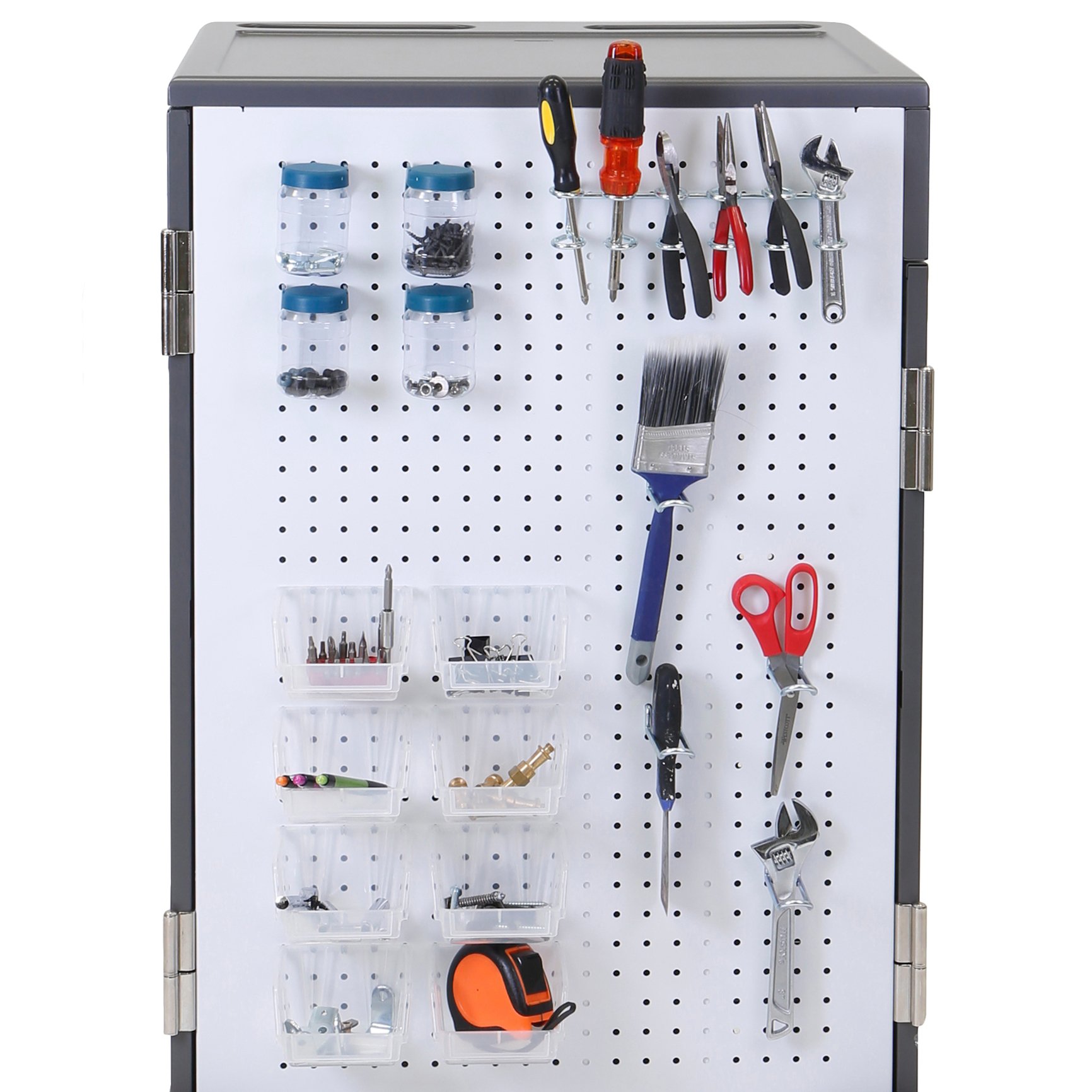 Easy storage includes bins, jars and loops for tools and supplies