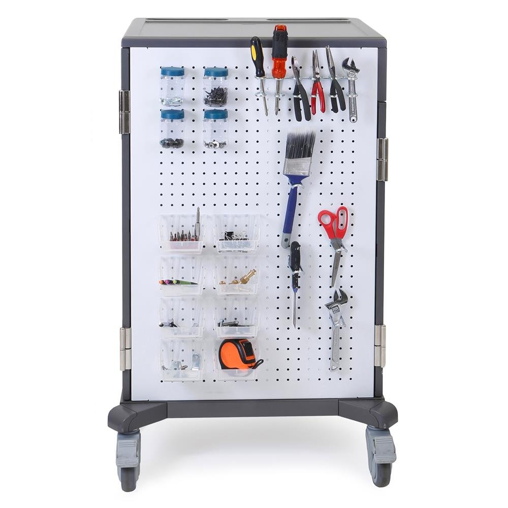 Pegboard holes are spaced in 1" (2.5 cm) increments; holes are 3/16" (0.5 cm) in diameter