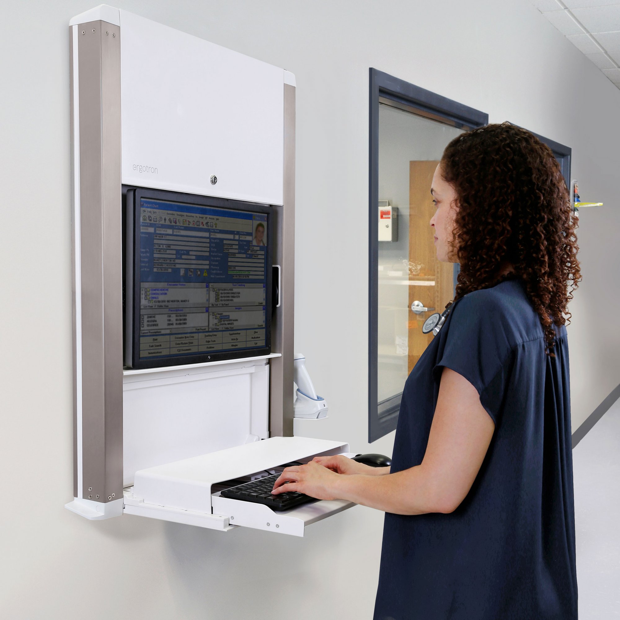 Caregivers can work comfortably while saving space in crowded patient rooms or hallways with 61-367-030 low-profile, wall-mount workstation