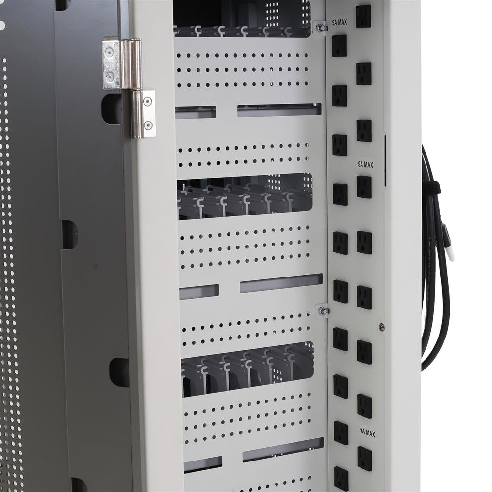 Locking IT area in back provides a pegboard center panel holds cable clips that organize cord bundles
