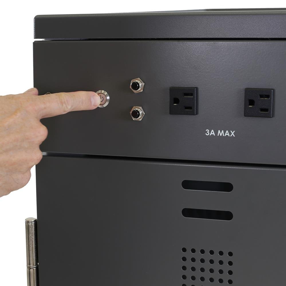 Interface panel above the IT area has two external outlets to power your peripherals plus the on/off switch and indicator light