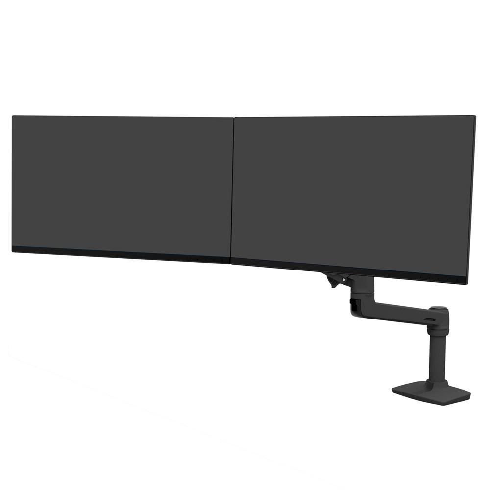 LX Desk Dual Direct Arm (matte black) with Low-Profile Clamp (25–35 mm surface)