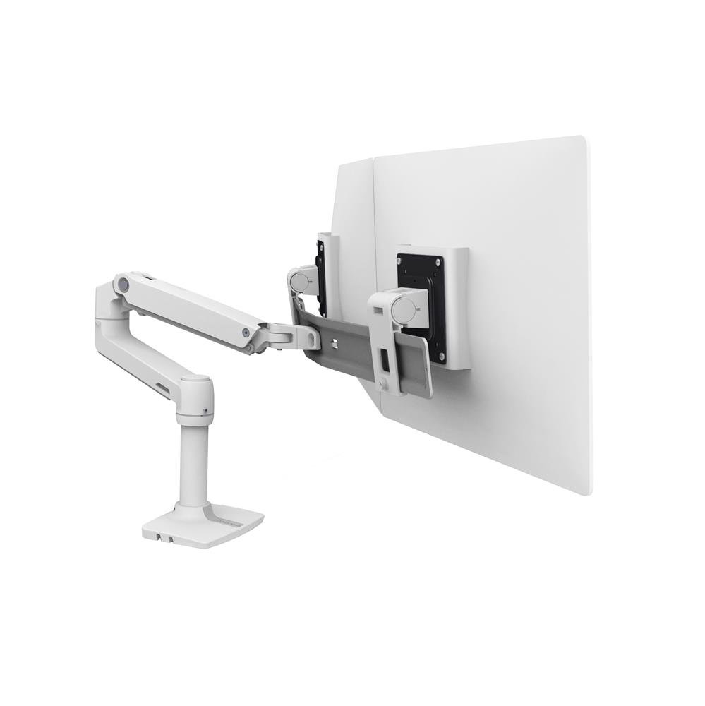 LX Desk Dual Direct Arm (white) with Low-Profile Clamp (25–35 mm surface)