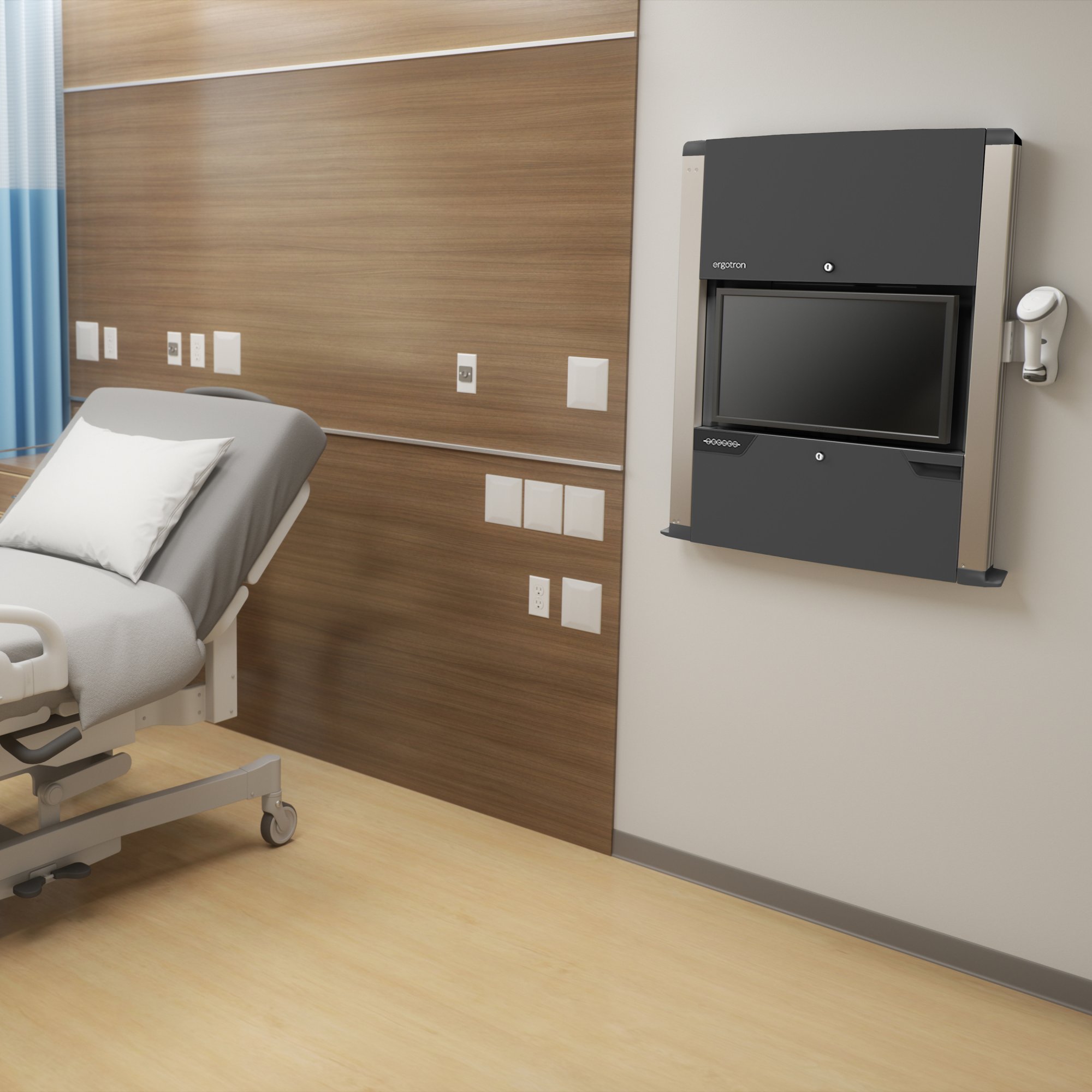 It folds when not in use to open up more space for the best patient care