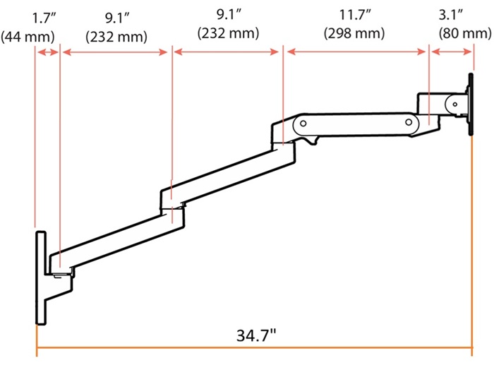 Technical Drawing for ErgoDirect EDM-3413-W Extra Long Wall Mount Monitor Arm