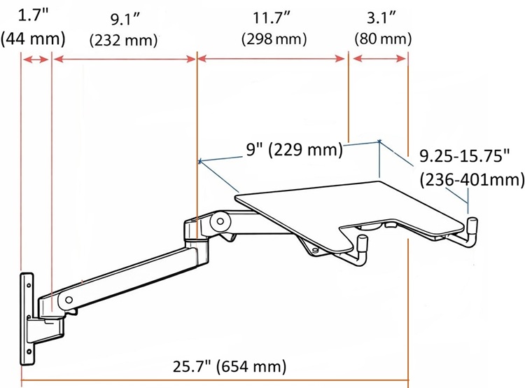 Technical Drawing for ErgoDirect EDL-2513W Wall Mount Laptop Arm
