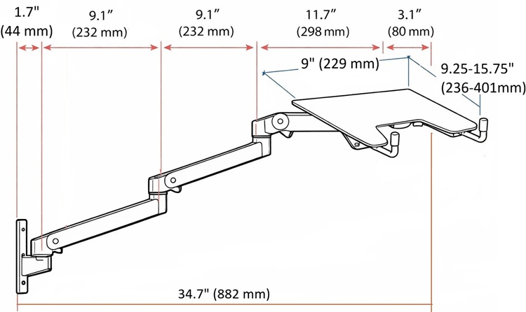 Technical Drawing for ErgoDirect EDL-3413-W Long Reach Wall Mount Laptop Arm
