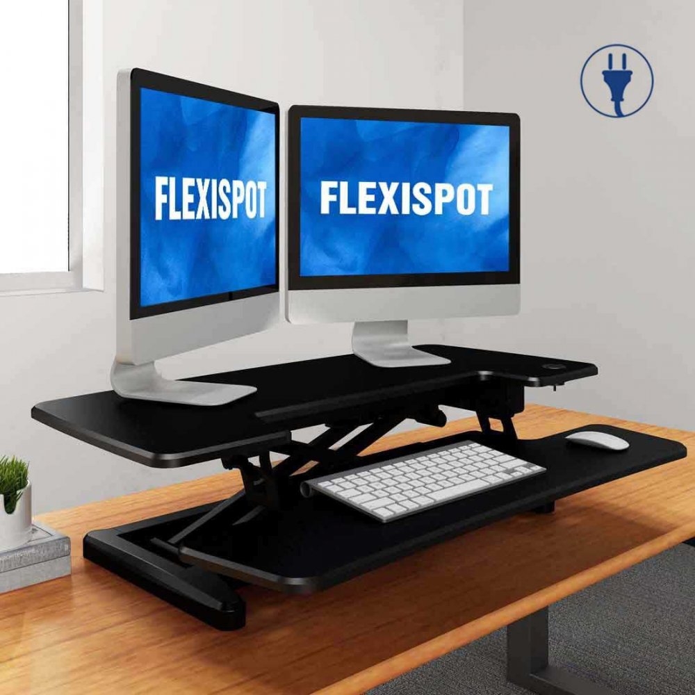 FlexiSpot Motorized Standing Desk Converter 36 Wide Electric Stand up Desk Riser for Monitor and Laptop,Black Height Adjustable Desk for Home Office EM7MB 