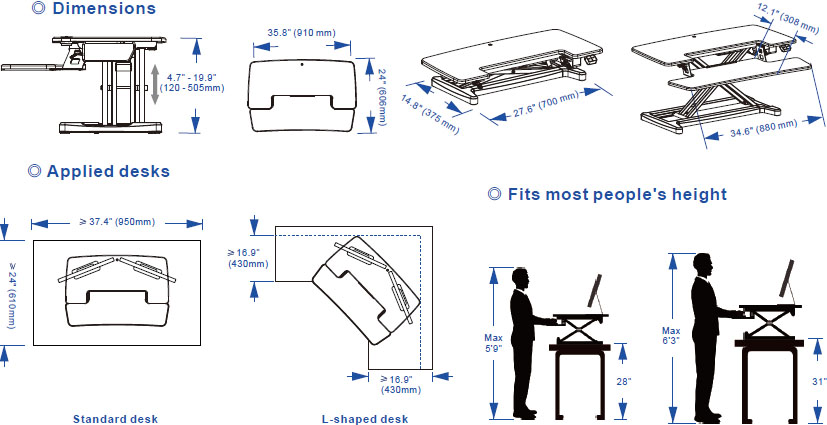 Technical Drawing for Flexispot EM7MB Motorized AlcoveRiser Standing Desk Converter