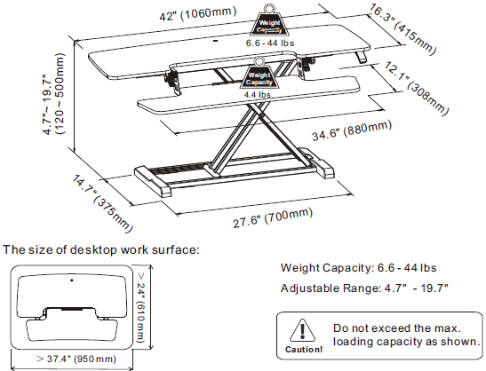 Technical drawing for Flexispot M7L AlcoveRiser Standing Desk Converter - 42