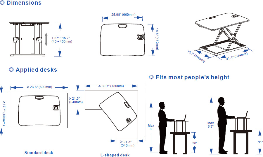 Technical Drawing for GoRiser Standing Desk Converter - Flexispot ML1W