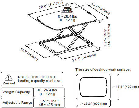 Technical Drawing for GoRiser Standing Desk Converter - Flexispot ML2B or ML2W