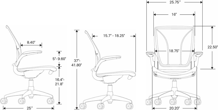 Technical Drawing for Humanscale Diffrient World Ergonomic Task Executive Mesh Chair