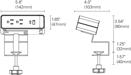Technical Drawing for Humanscale NeatHub All-in-One Desktop Power Solution