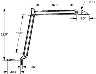 Dimensional Diagram for Humanscale DT2E Double Arm with Task Shade Light