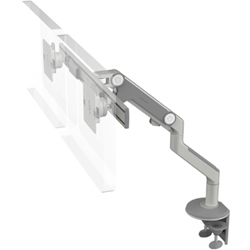 Humanscale M8 Dual Arm with Two Piece Clamp Mount with Base, Fixed Angled Link/Dynamic Link and Silver