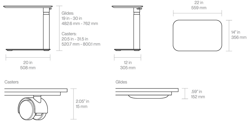 Technical Drawing for Humanscale Float Gather Height Adjustable Table