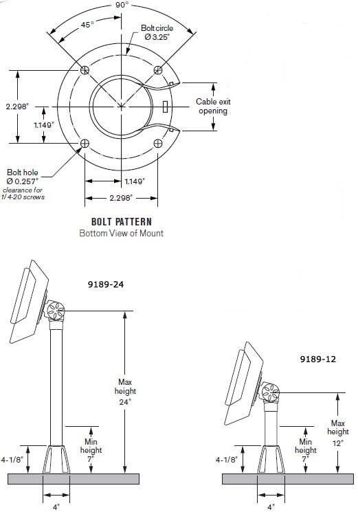 Technical Drawing for Innovative 9189 Series Adjustable POS Through Counter Pole Mount