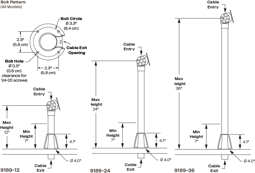 Technical Drawing for Innovative 9189-24 Height Adjustable POS Through Counter Pole Mount