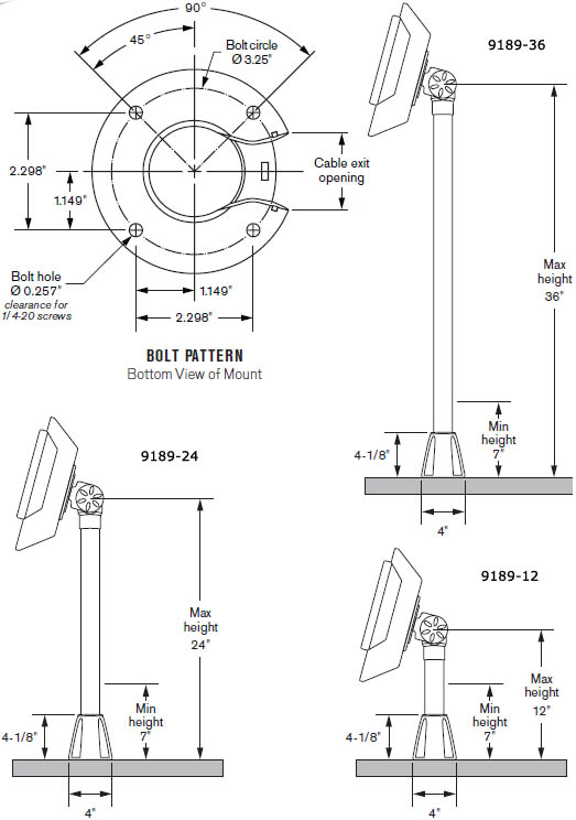 Technical Drawing for Innovative 9189 Series Adjustable POS Through Counter Pole Mount