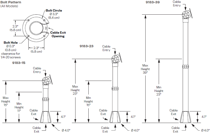Technical Drawing for Innovative 9183 Series Adjustable Point of Sale Countertop Mount