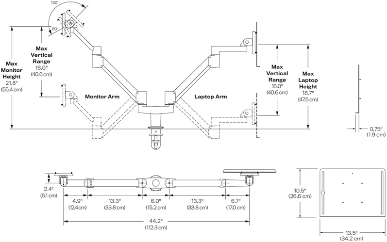 Technical Drawing for Innovative 7050 Flexible Height Adjustable Laptop and LCD mount