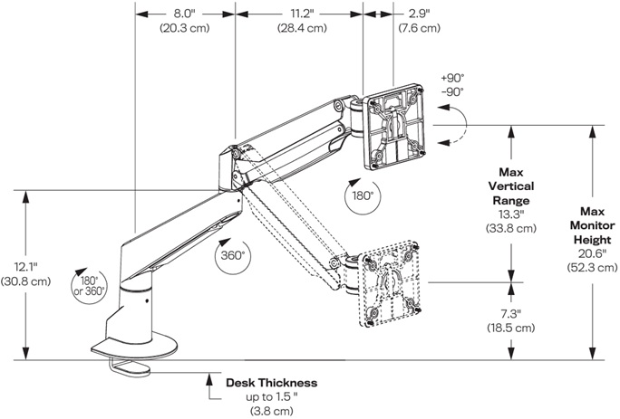 Technical Drawing for Innovative E2-1 Ergonomic Sleek Single Articulating Monitor Arm