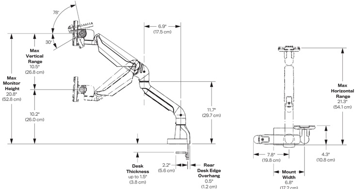 Technical Drawing for HAT E5-D1 Single Dynamic Monitor Arm