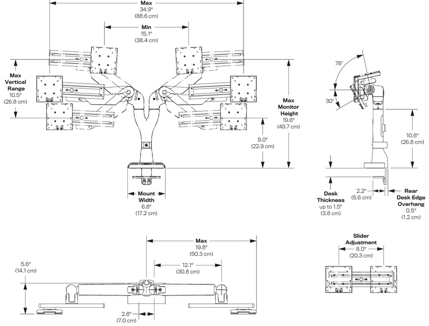 Technical Drawing for HAT E5-D2 Dual Dynamic Monitor Arm