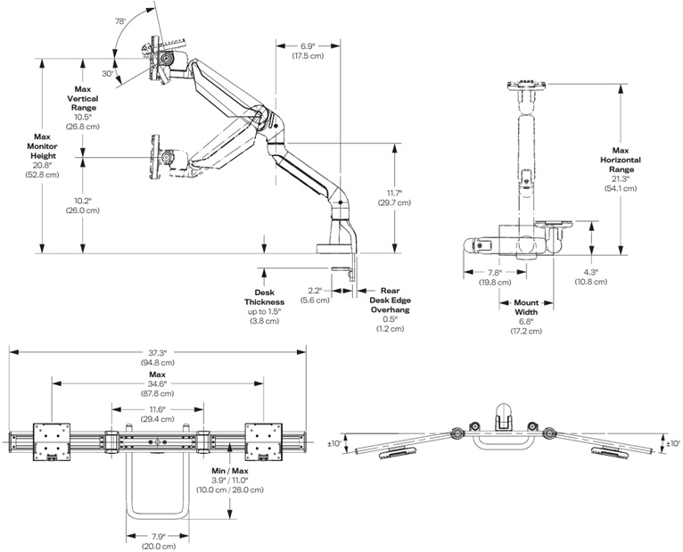 Technical Drawing for HAT E5G-D2C E5 Dual Crossbar Dynamic Monitor Arm