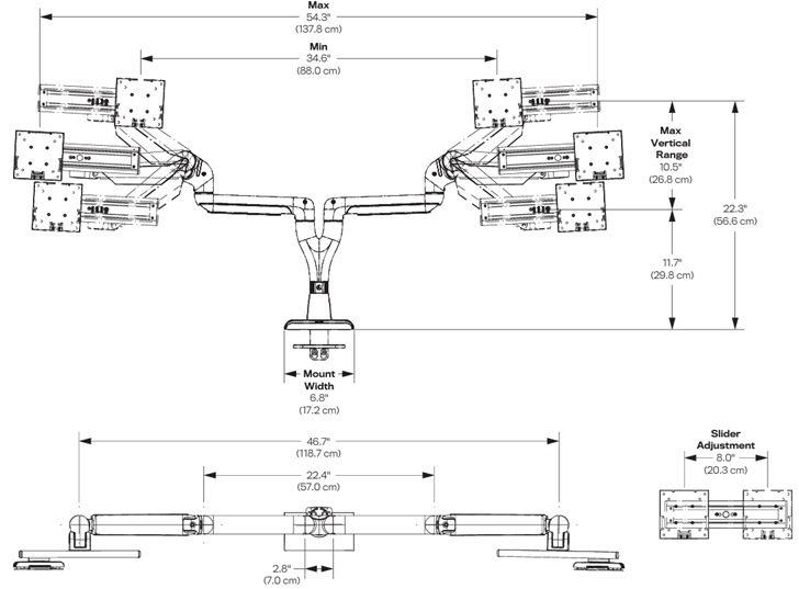 Technical Drawing for HAT E5G-D2SD Dual Dynamic Wide Monitor Arm