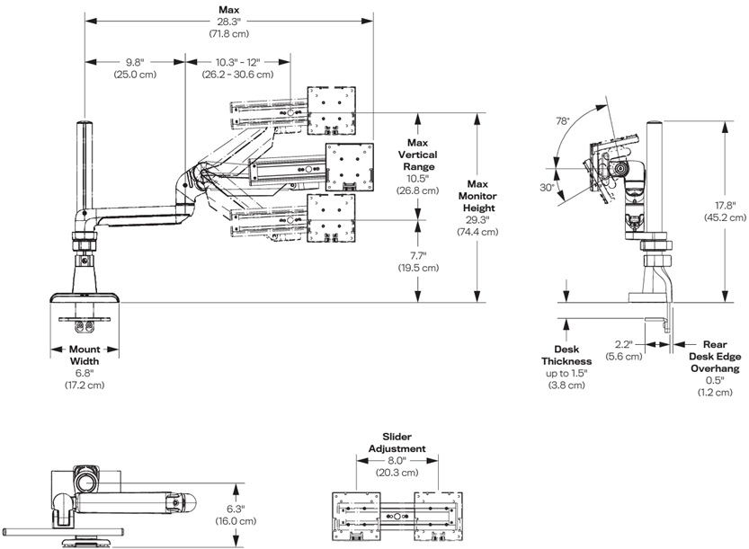 Technical Drawing for HAT E5G-P01SD Single Dynamic Monitor Arm with Pole