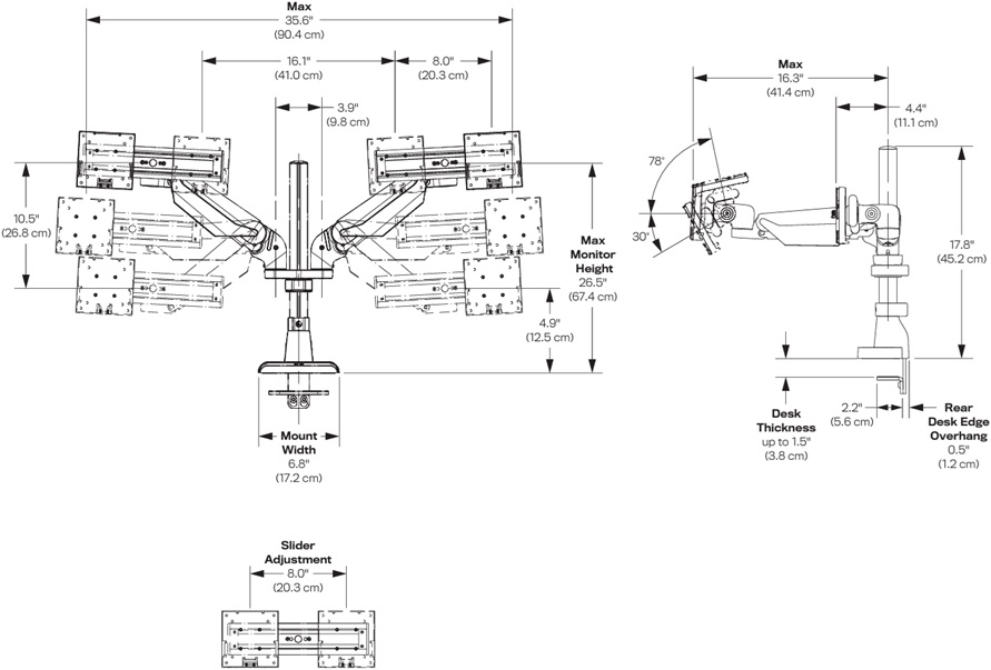 Technical Drawing for HAT E5G-P02D E5 Dual Dynamic Monitor Arm with Pole