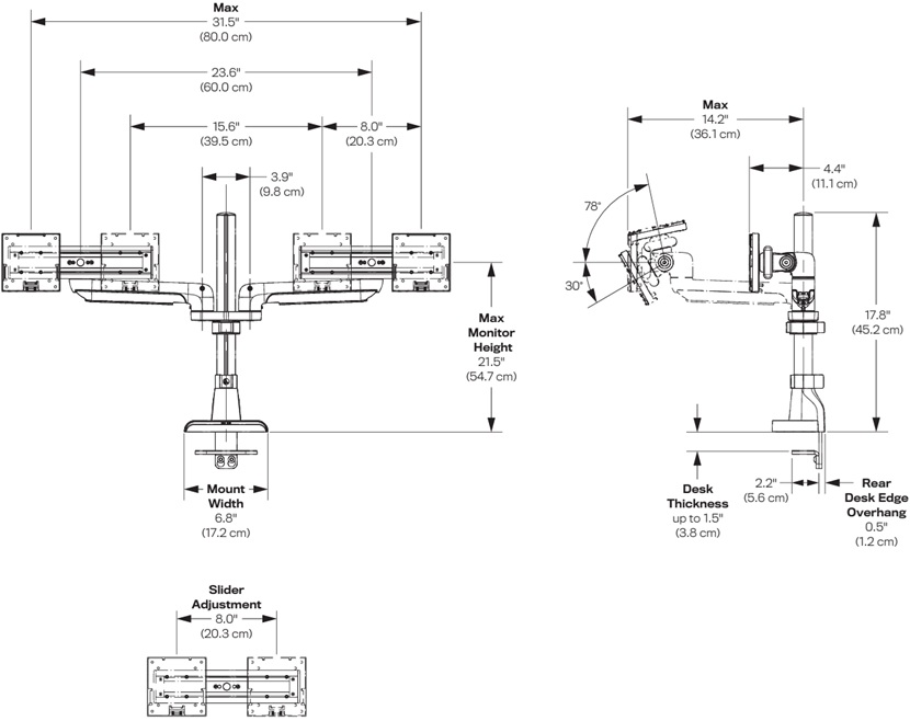 Technical Drawing for HAT E5G-P02S E5 Dual Static Monitor Arm with Pole