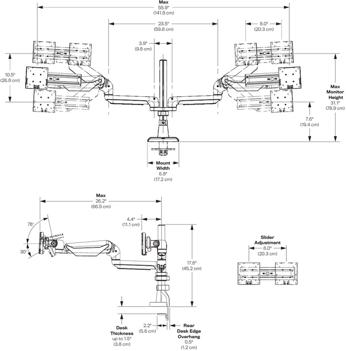 Technical Drawing for HAT E5G-P02SD E5 Dual Dynamic Wide Monitor Arm with Pole