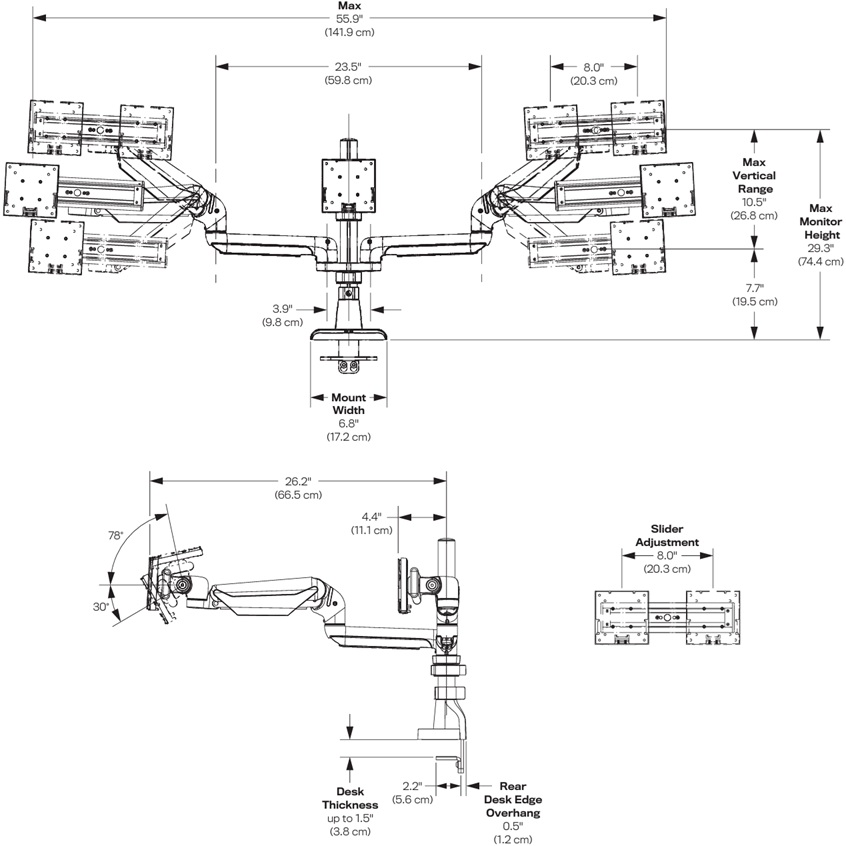 Technical Drawing for HAT E5G-P03SD E5 Triple Dynamic Monitor Arm with Pole