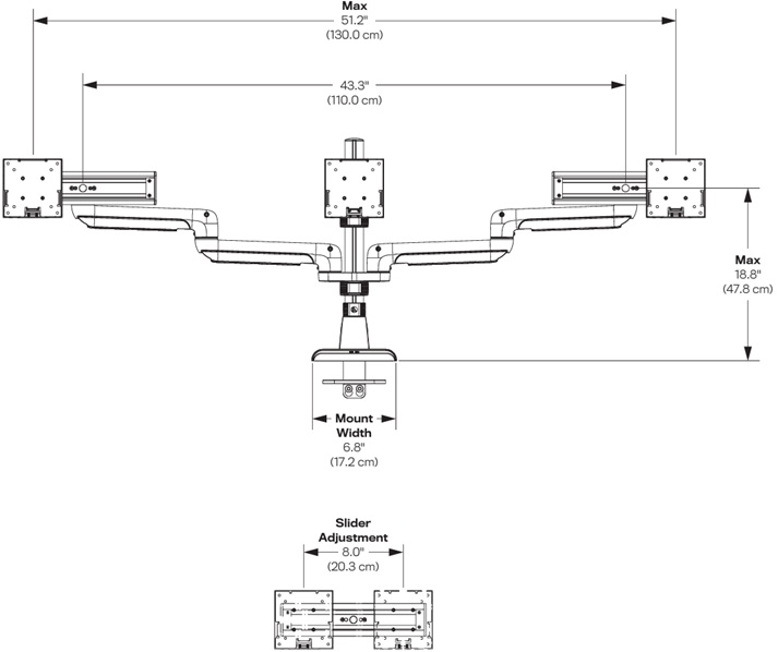 Technical Drawing for HAT E5G-P03SS E5 Triple Static Monitor Arm with Pole