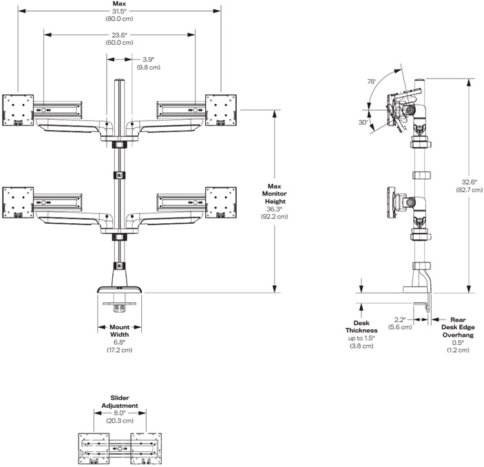 Technical Drawing for HAT E5G-P22S E5 Two Over Two Static Monitor Arm with Pole