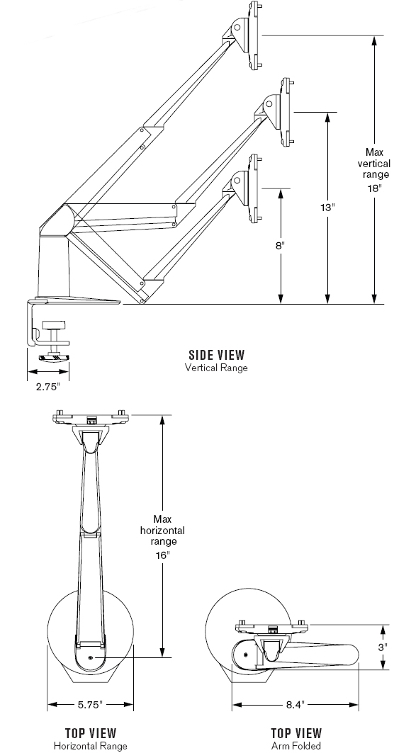 Dimensional Diagram for Innovative 5545-250 or 5545-450 EVO LCD Mounting Arm